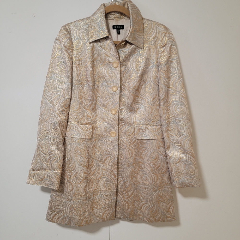 bebe Women's Ivory Gold Blue Patterned Evening Jacket